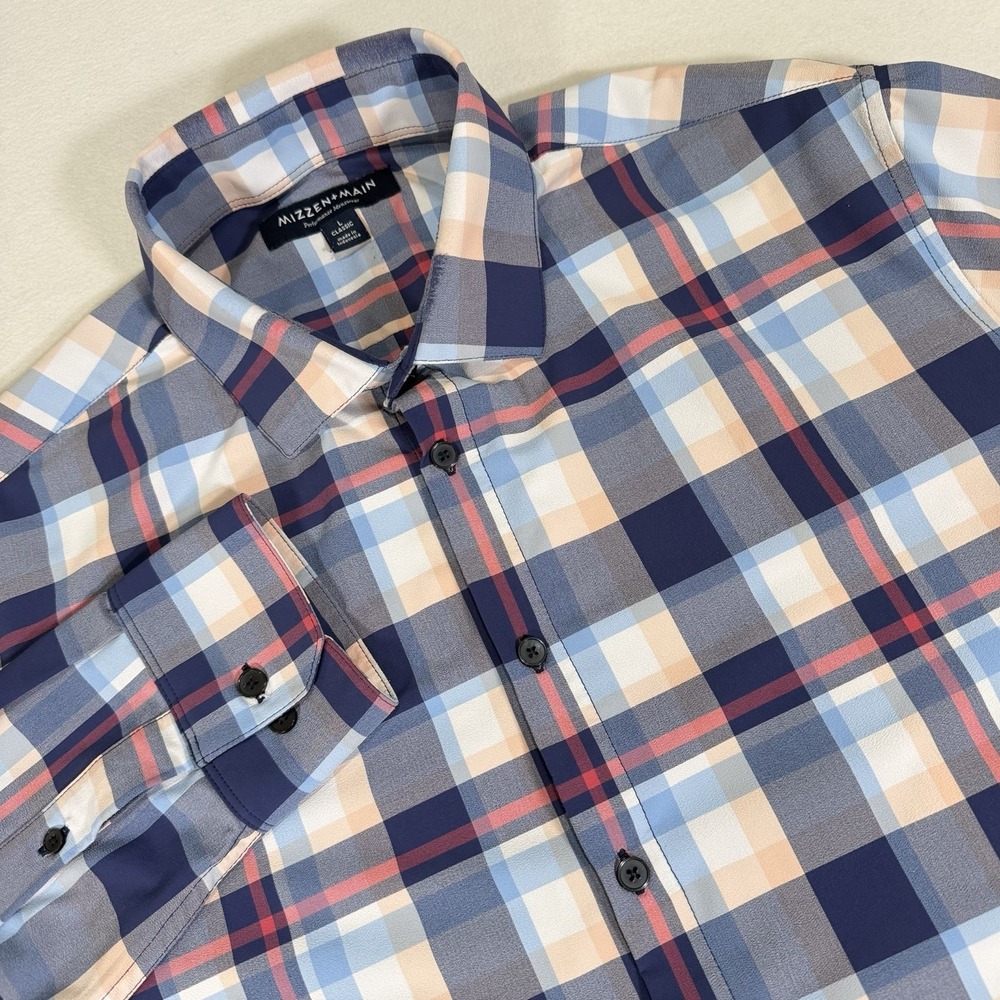 Mizzen+Main Blue Label Classic Fit Men's Large Blue Plaid Long‎ Sleeve Shirt